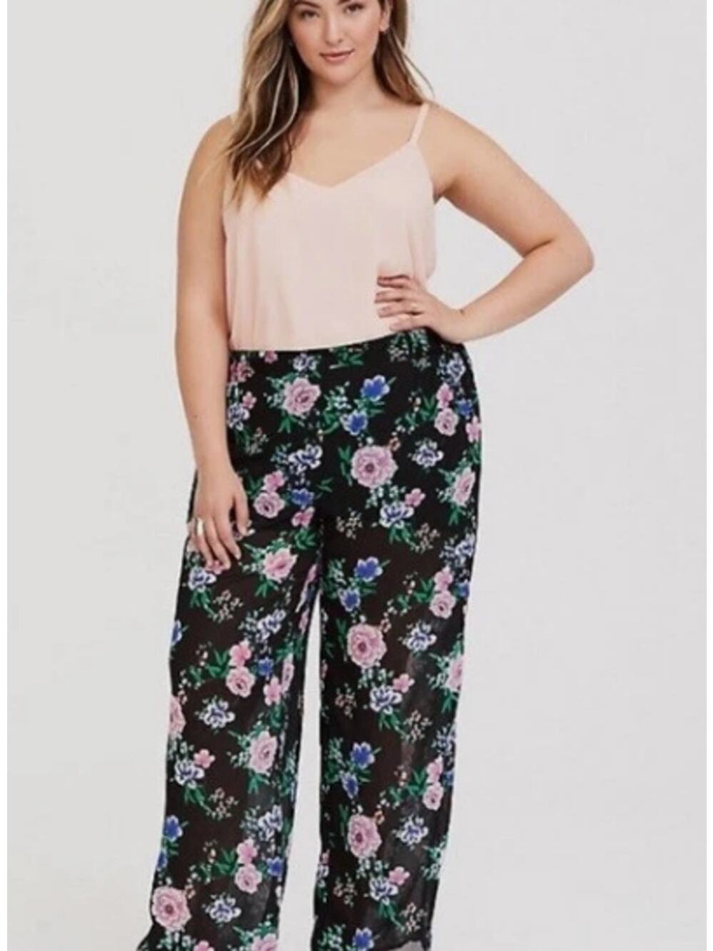 Torrid Size 0 (US 12/Large) Black Floral Pants Sheer Chiffon w/ Shorts Liner